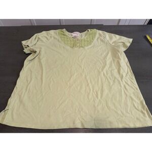 Veranesi Womens 1X Sage Green Crochet Lace Henley Short Sleeve Knit Top